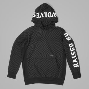 Mens Raised by Wolves Warped Checkerboard Black Hoodie-Large-Excellent Condition